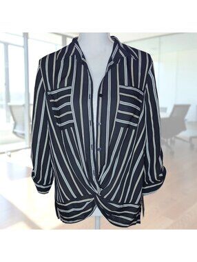 NEW Large IZ Byer Button Up Womens Blouse - Black White Stripe Tie Front Office